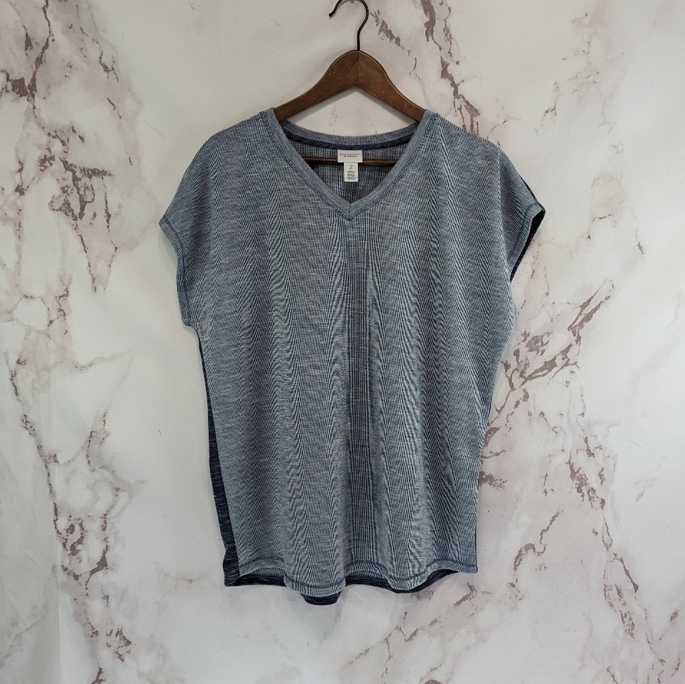 Chicos Shirt Women Large 2 Blue Stretch Terry Pullover V Neck Weekends Heathered